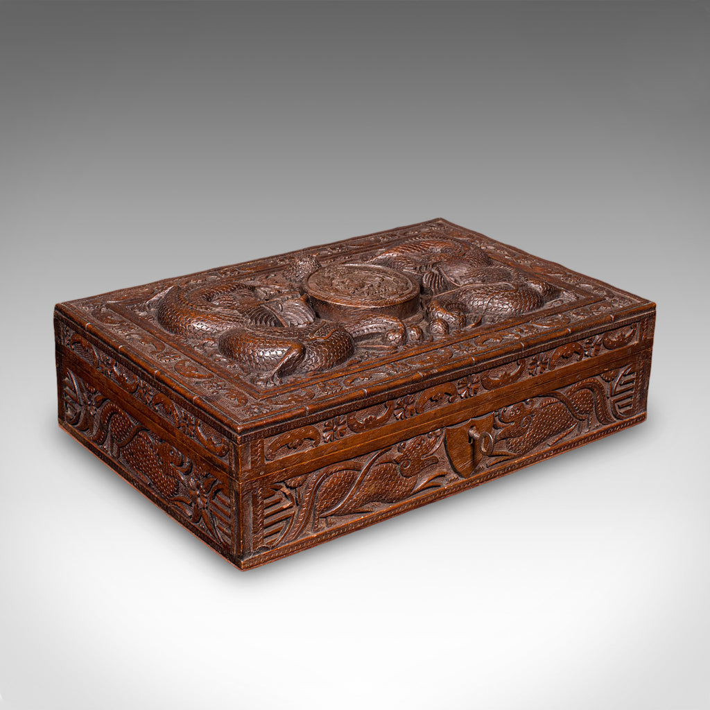 Vintage Carved Cigar Box, Oriental, Teak, Keepsake, Jewellery Case, Art Deco - London Fine Antiques