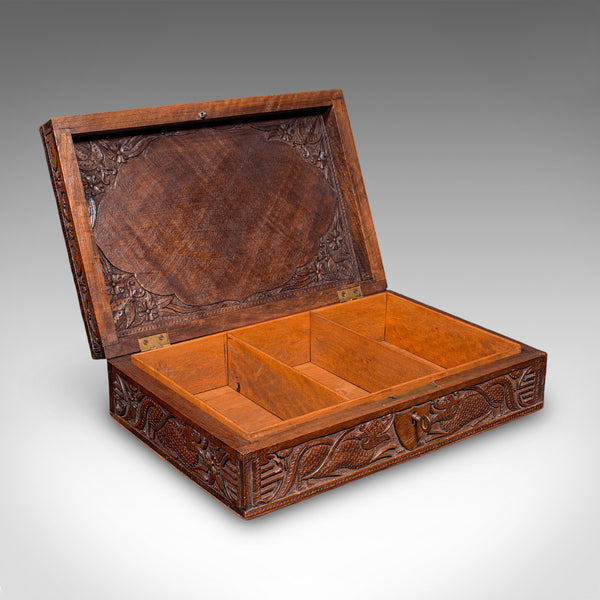 Vintage Carved Cigar Box, Oriental, Teak, Keepsake, Jewellery Case, Art Deco - London Fine Antiques