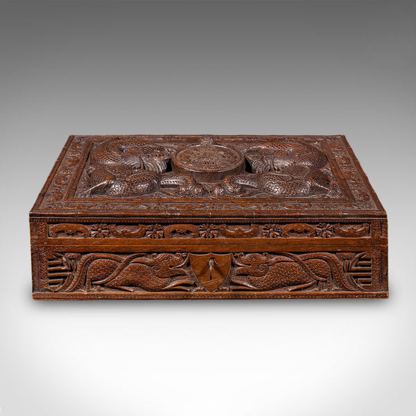 Vintage Carved Cigar Box, Oriental, Teak, Keepsake, Jewellery Case, Art Deco - London Fine Antiques