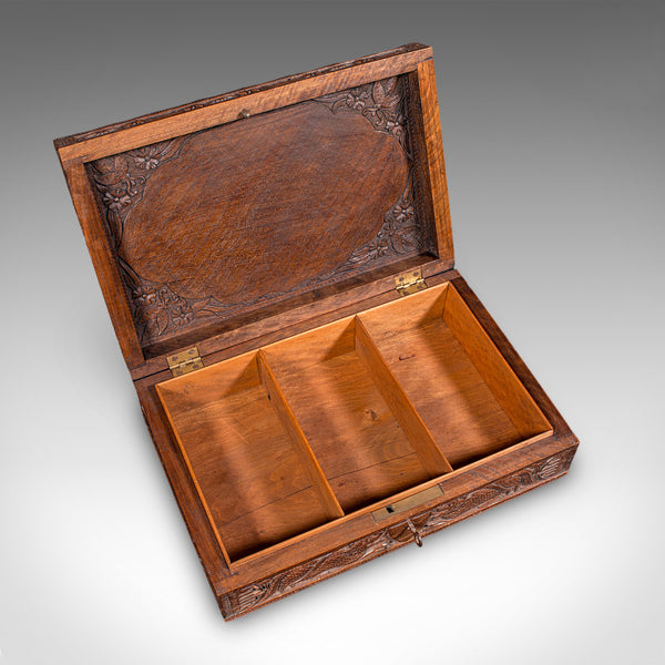 Vintage Carved Cigar Box, Oriental, Teak, Keepsake, Jewellery Case, Art Deco - London Fine Antiques