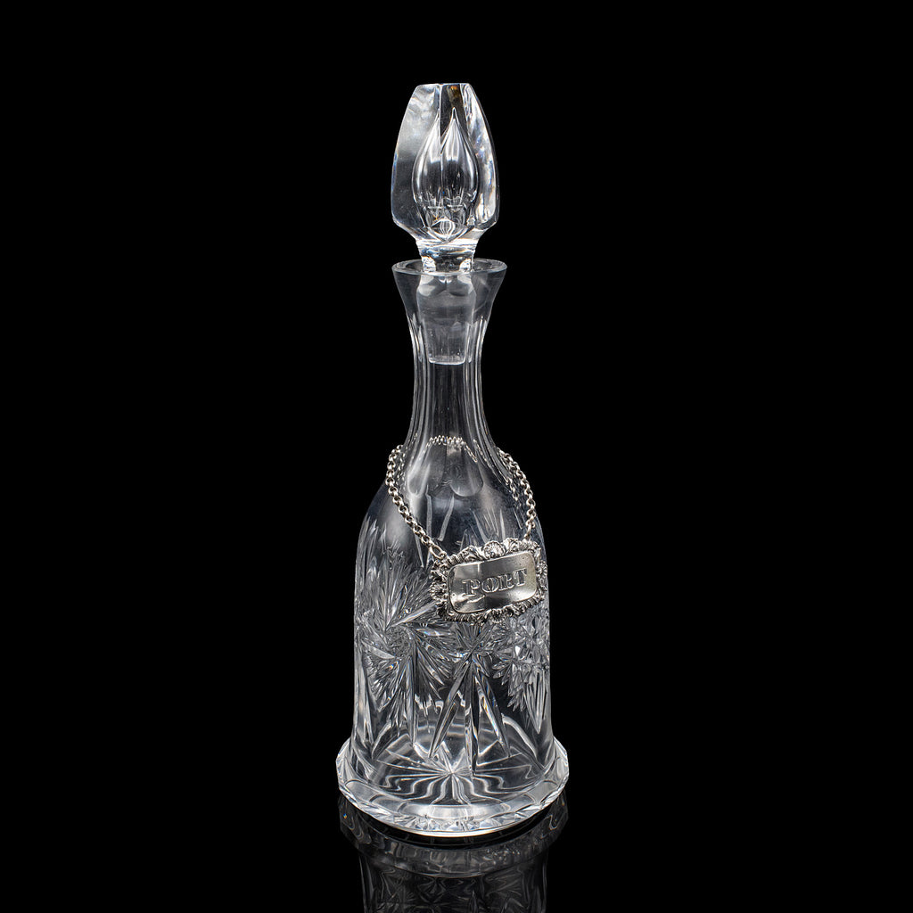 Vintage Port Decanter, English, Glass, Silver Label, Spirit Bottle, Mid Century