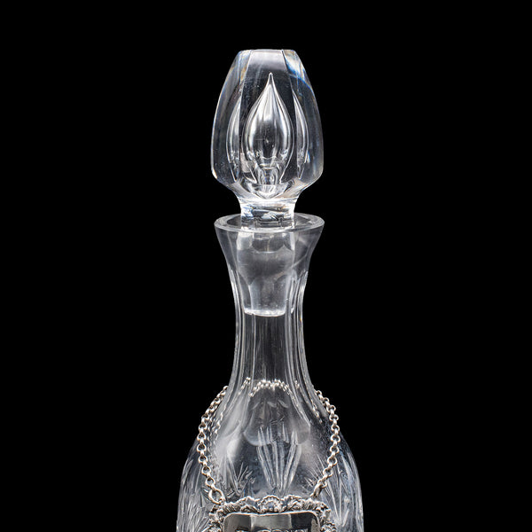 Vintage Port Decanter, English, Glass, Silver Label, Spirit Bottle, Mid Century