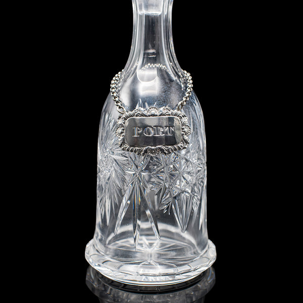 Vintage Port Decanter, English, Glass, Silver Label, Spirit Bottle, Mid Century