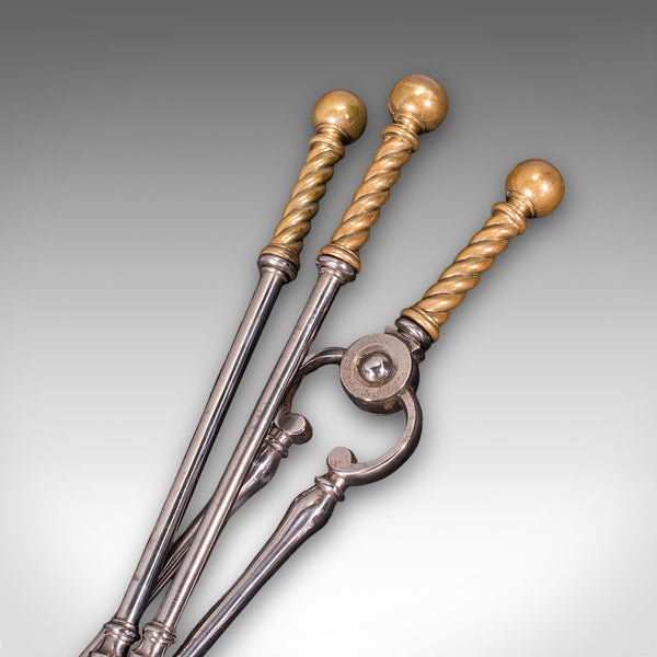 Antique Companion Set, Three Fireside Tools, English, Steel, Brass, Victorian
