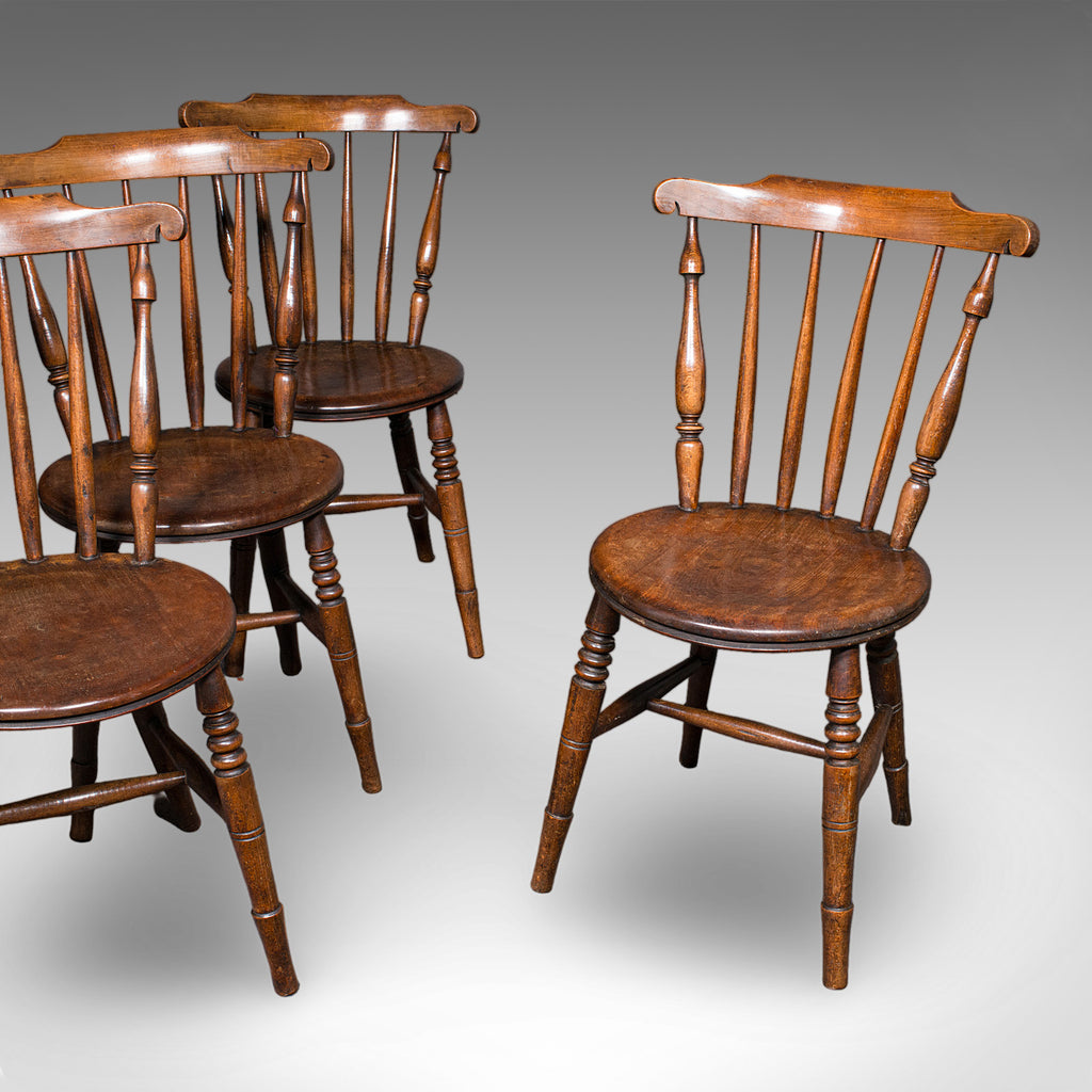 Set of 4 Antique Station Chairs, English Beech Dining Seat, Reception, Edwardian
