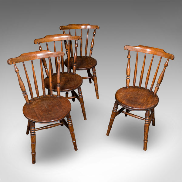 Set of 4 Antique Station Chairs, English Beech Dining Seat, Reception, Edwardian