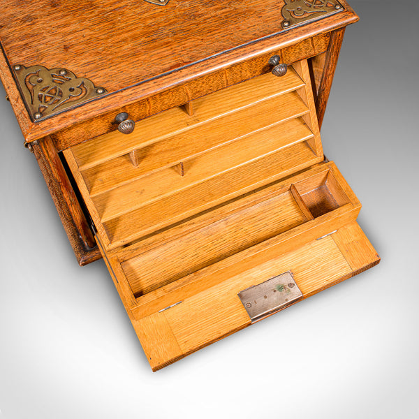 Antique Stationery Box, English, Golden Oak, Fall Front Desk Tidy, Edwardian
