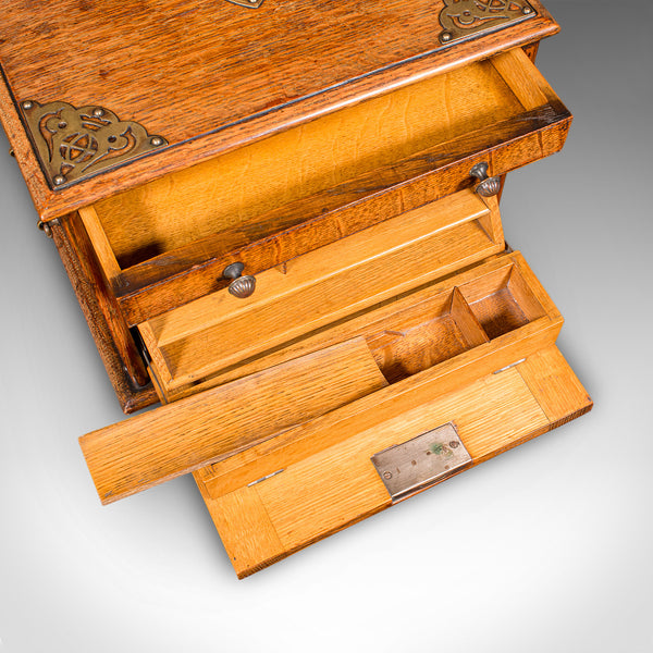 Antique Stationery Box, English, Golden Oak, Fall Front Desk Tidy, Edwardian