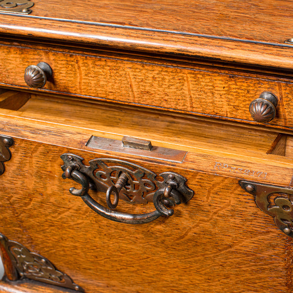 Antique Stationery Box, English, Golden Oak, Fall Front Desk Tidy, Edwardian