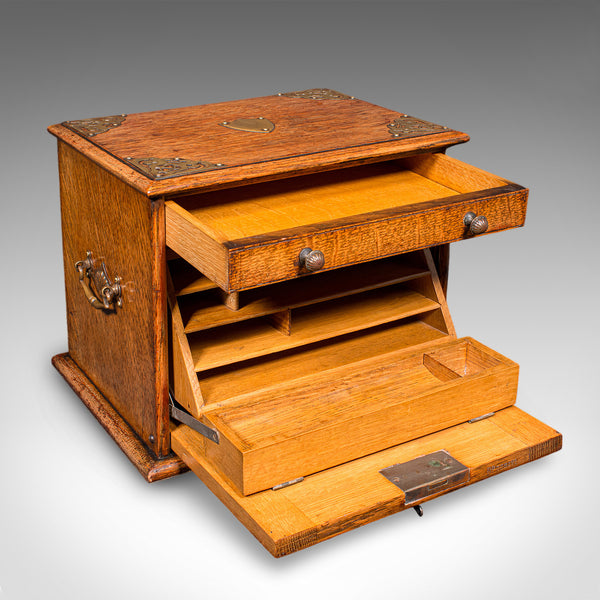 Antique Stationery Box, English, Golden Oak, Fall Front Desk Tidy, Edwardian