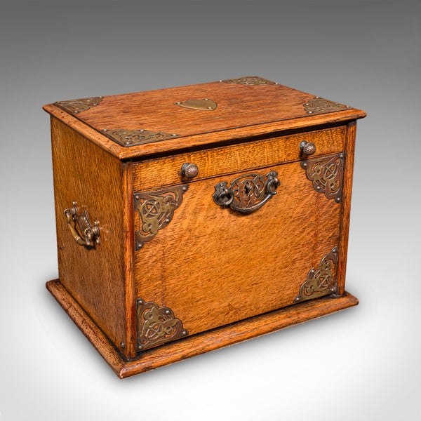 Antique Stationery Box, English, Golden Oak, Fall Front Desk Tidy, Edwardian