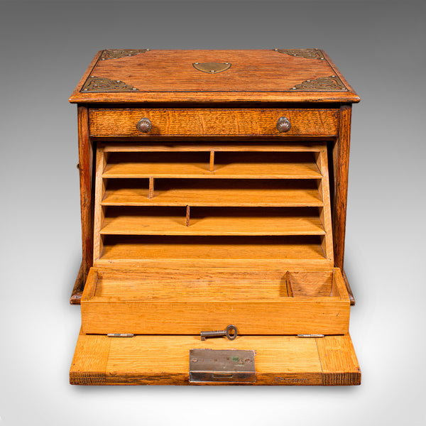 Antique Stationery Box, English, Golden Oak, Fall Front Desk Tidy, Edwardian
