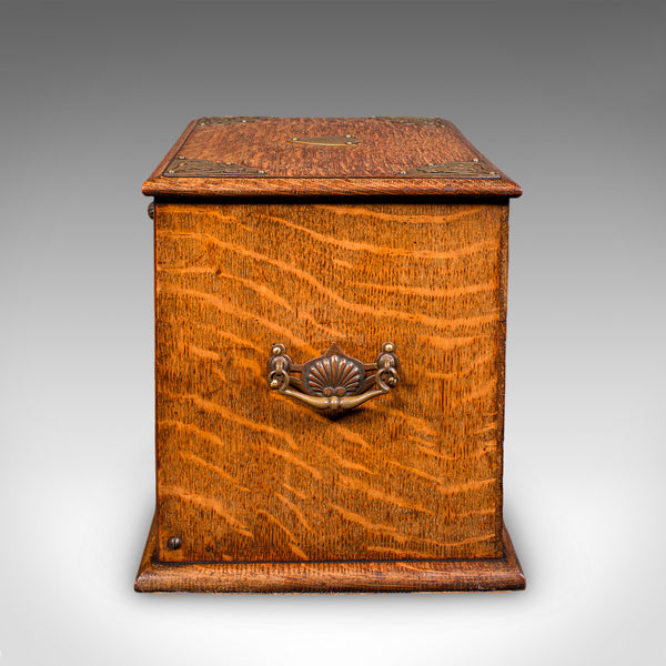 Antique Stationery Box, English, Golden Oak, Fall Front Desk Tidy, Edwardian