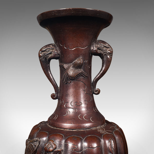 Pair Of Antique Stem Vases, Japanese, Bronze, Meiji Era, Baluster Urn, Victorian