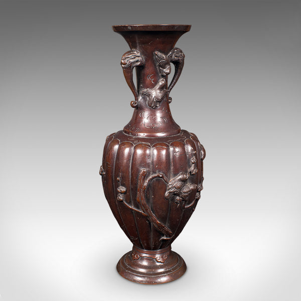 Pair Of Antique Stem Vases, Japanese, Bronze, Meiji Era, Baluster Urn, Victorian