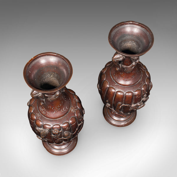 Pair Of Antique Stem Vases, Japanese, Bronze, Meiji Era, Baluster Urn, Victorian