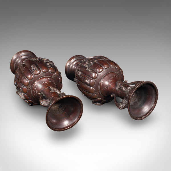 Pair Of Antique Stem Vases, Japanese, Bronze, Meiji Era, Baluster Urn, Victorian