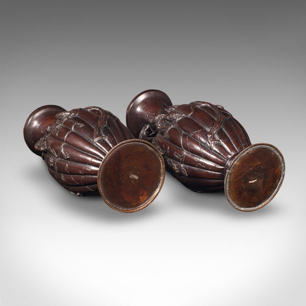 Pair Of Antique Stem Vases, Japanese, Bronze, Meiji Era, Baluster Urn, Victorian