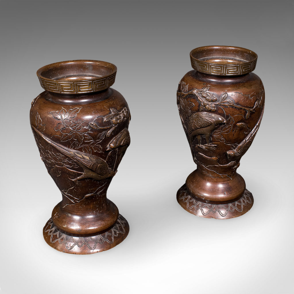 Pair of Antique Decorative Meiji Vases, Japanese, Bronze, Bouquet Pot, Victorian
