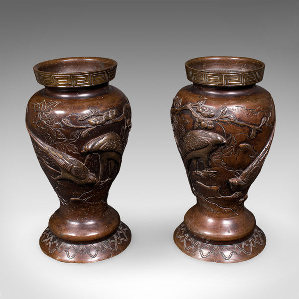 Pair of Antique Decorative Meiji Vases, Japanese, Bronze, Bouquet Pot, Victorian