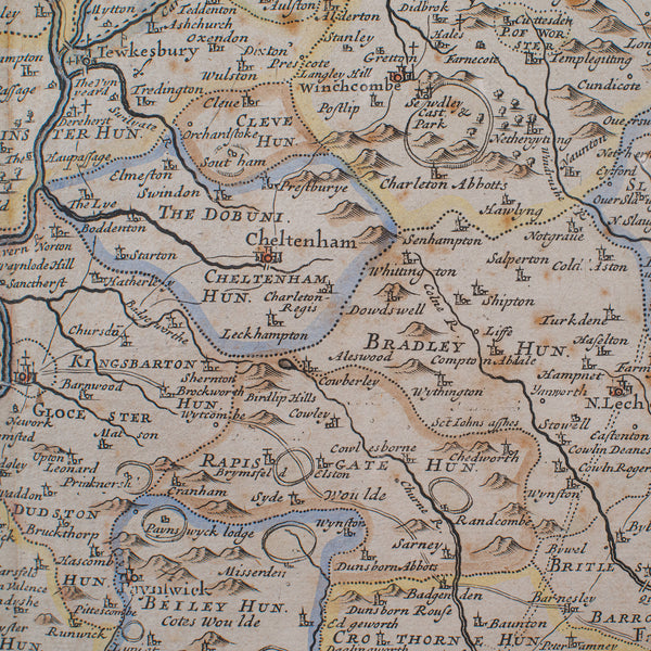Antique Framed Gloucestershire Map, English Atlas Engraving, Cartography, C.1700