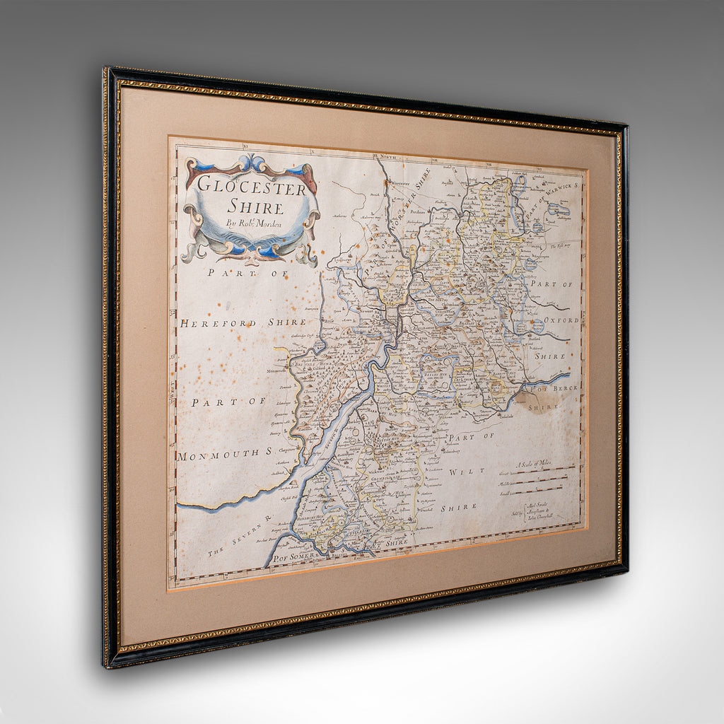 Antique Framed Gloucestershire Map, English Atlas Engraving, Cartography, C.1700