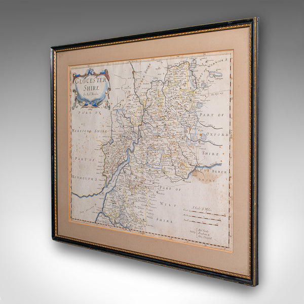 Antique Framed Gloucestershire Map, English Atlas Engraving, Cartography, C.1700