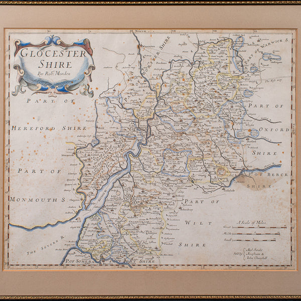 Antique Framed Gloucestershire Map, English Atlas Engraving, Cartography, C.1700