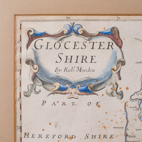 Antique Framed Gloucestershire Map, English Atlas Engraving, Cartography, C.1700