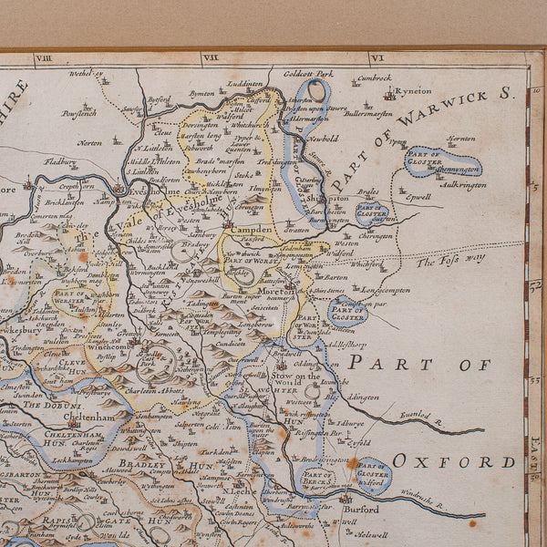 Antique Framed Gloucestershire Map, English Atlas Engraving, Cartography, C.1700