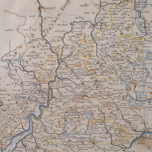 Antique Framed Gloucestershire Map, English Atlas Engraving, Cartography, C.1700