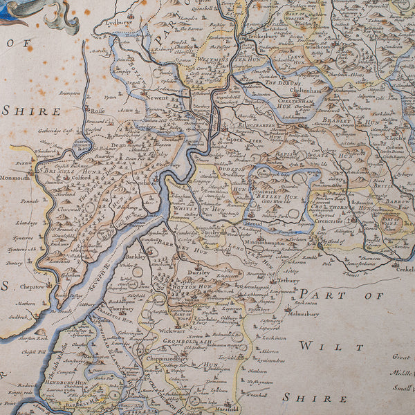 Antique Framed Gloucestershire Map, English Atlas Engraving, Cartography, C.1700