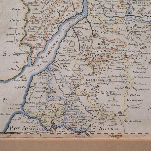Antique Framed Gloucestershire Map, English Atlas Engraving, Cartography, C.1700