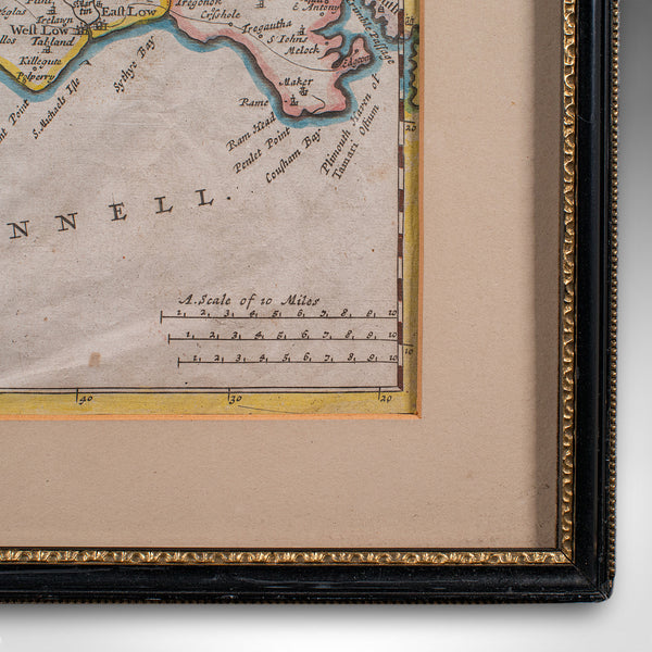 Antique Framed Cornwall Map, English, Atlas Cartography, Robert Morden, C.1700