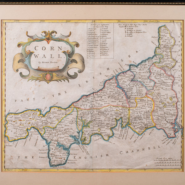 Antique Framed Cornwall Map, English, Atlas Cartography, Robert Morden, C.1700
