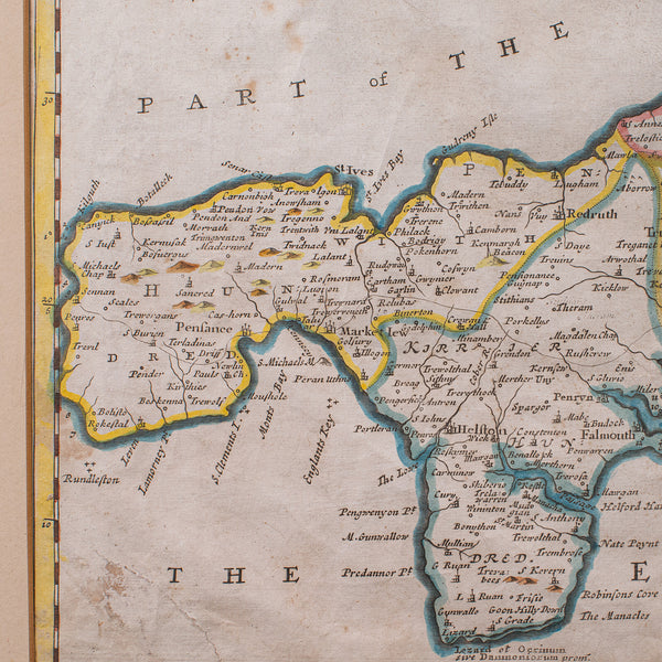 Antique Framed Cornwall Map, English, Atlas Cartography, Robert Morden, C.1700