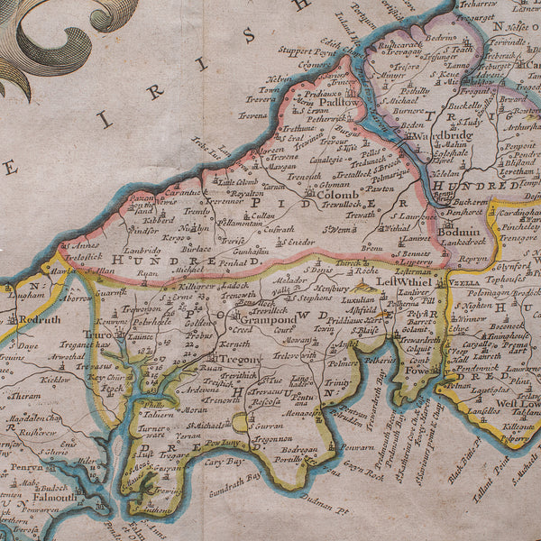 Antique Framed Cornwall Map, English, Atlas Cartography, Robert Morden, C.1700