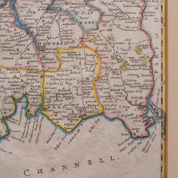 Antique Framed Cornwall Map, English, Atlas Cartography, Robert Morden, C.1700