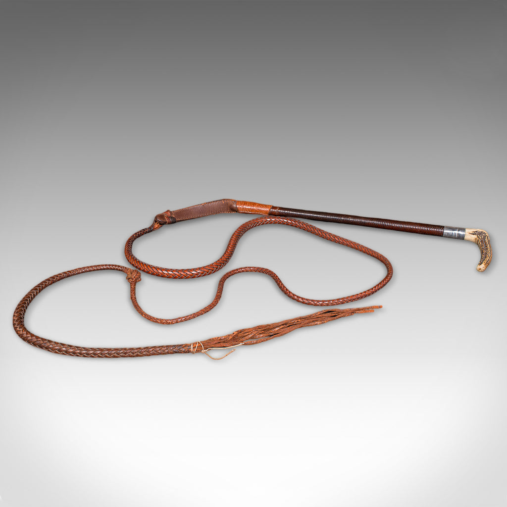 9' Long Antique Hunting Whip, English Leather, Silver, Equestrian, Swaine Adeney