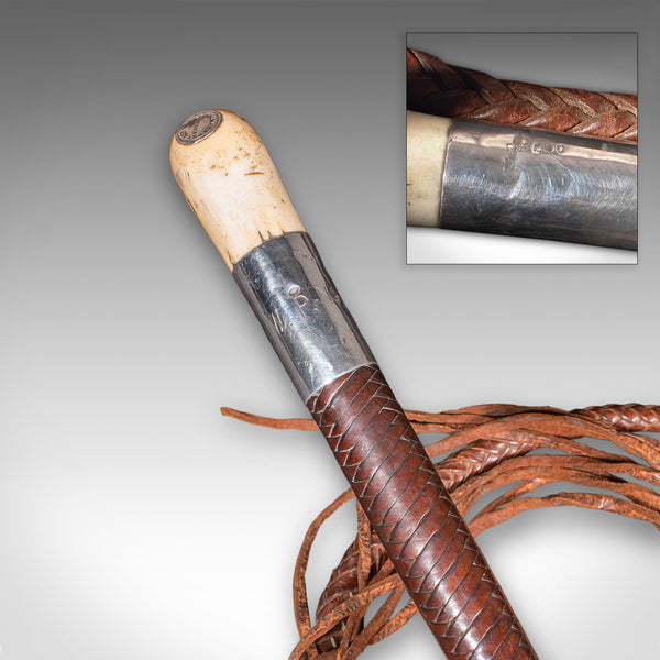 9' Long Antique Hunting Whip, English Leather, Silver, Equestrian, Swaine Adeney