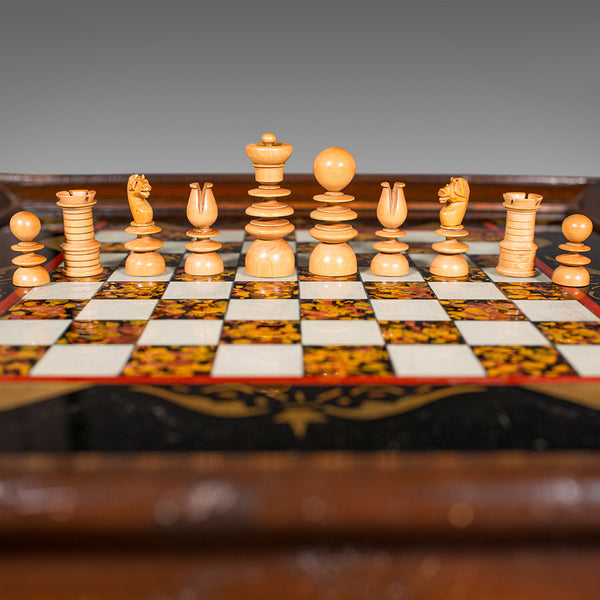 Antique Chess Board Set, English Painted Glass, Pine, Parlour Game, Edwardian