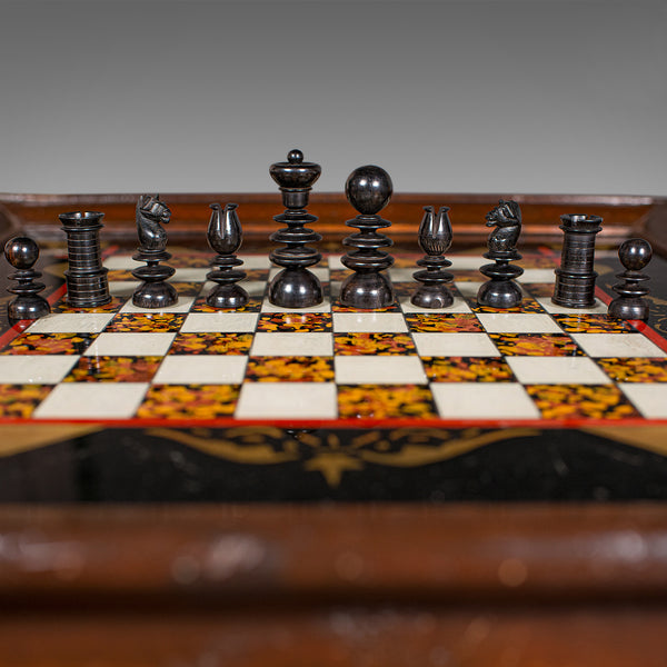 Antique Chess Board Set, English Painted Glass, Pine, Parlour Game, Edwardian