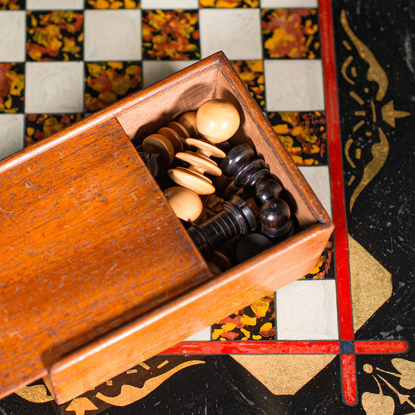 Antique Chess Board Set, English Painted Glass, Pine, Parlour Game, Edwardian