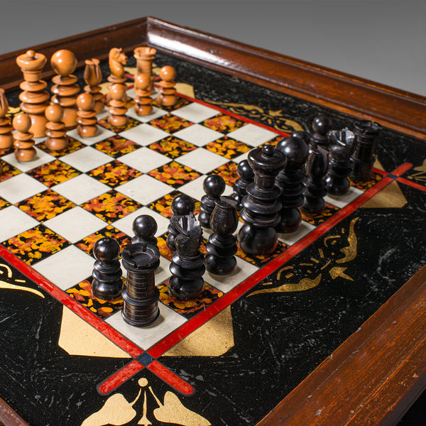 Antique Chess Board Set, English Painted Glass, Pine, Parlour Game, Edwardian