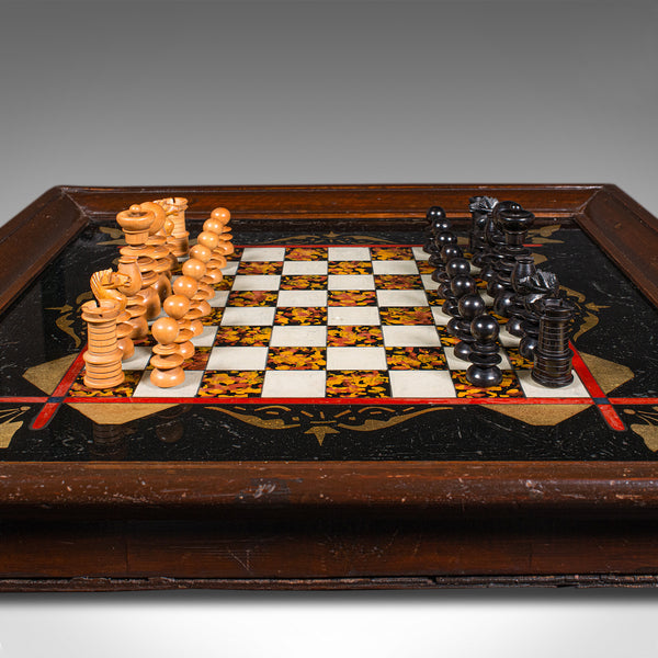 Antique Chess Board Set, English Painted Glass, Pine, Parlour Game, Edwardian