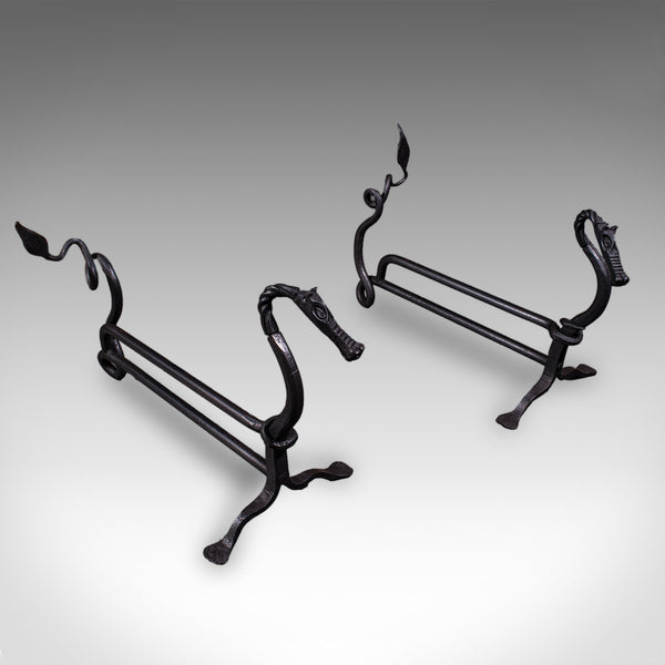 Antique Dragon Motif Fireplace Set, English, Fire Basket, Andirons, Edwardian