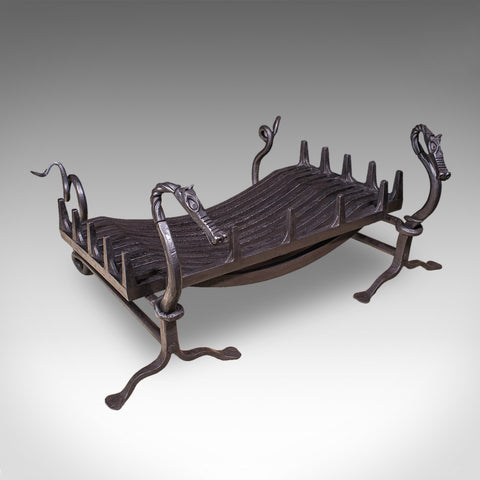 Antique Dragon Motif Fireplace Set, English, Fire Basket, Andirons, Edwardian