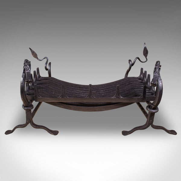 Antique Dragon Motif Fireplace Set, English, Fire Basket, Andirons, Edwardian
