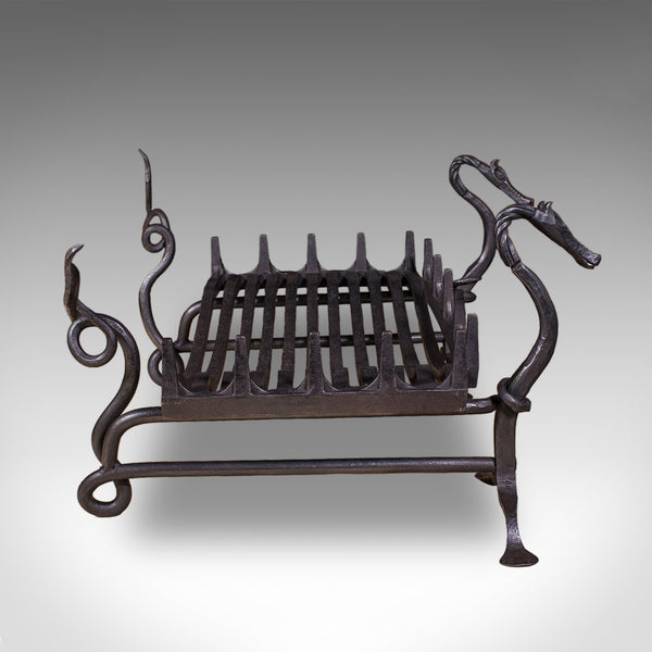 Antique Dragon Motif Fireplace Set, English, Fire Basket, Andirons, Edwardian