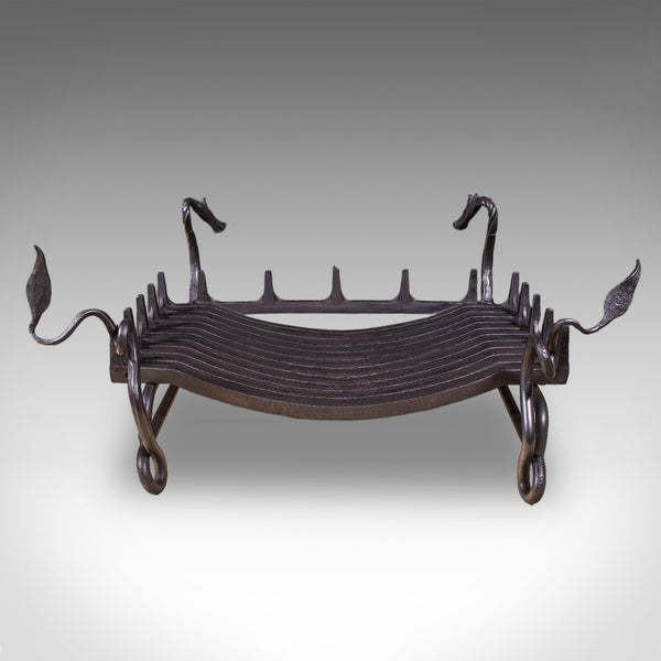 Antique Dragon Motif Fireplace Set, English, Fire Basket, Andirons, Edwardian